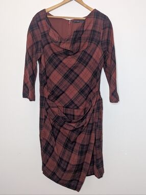 Peruvian Connection Women's Asymmetrical Plaid 3/4 Sleeve Cowl Midi Dress Size 8